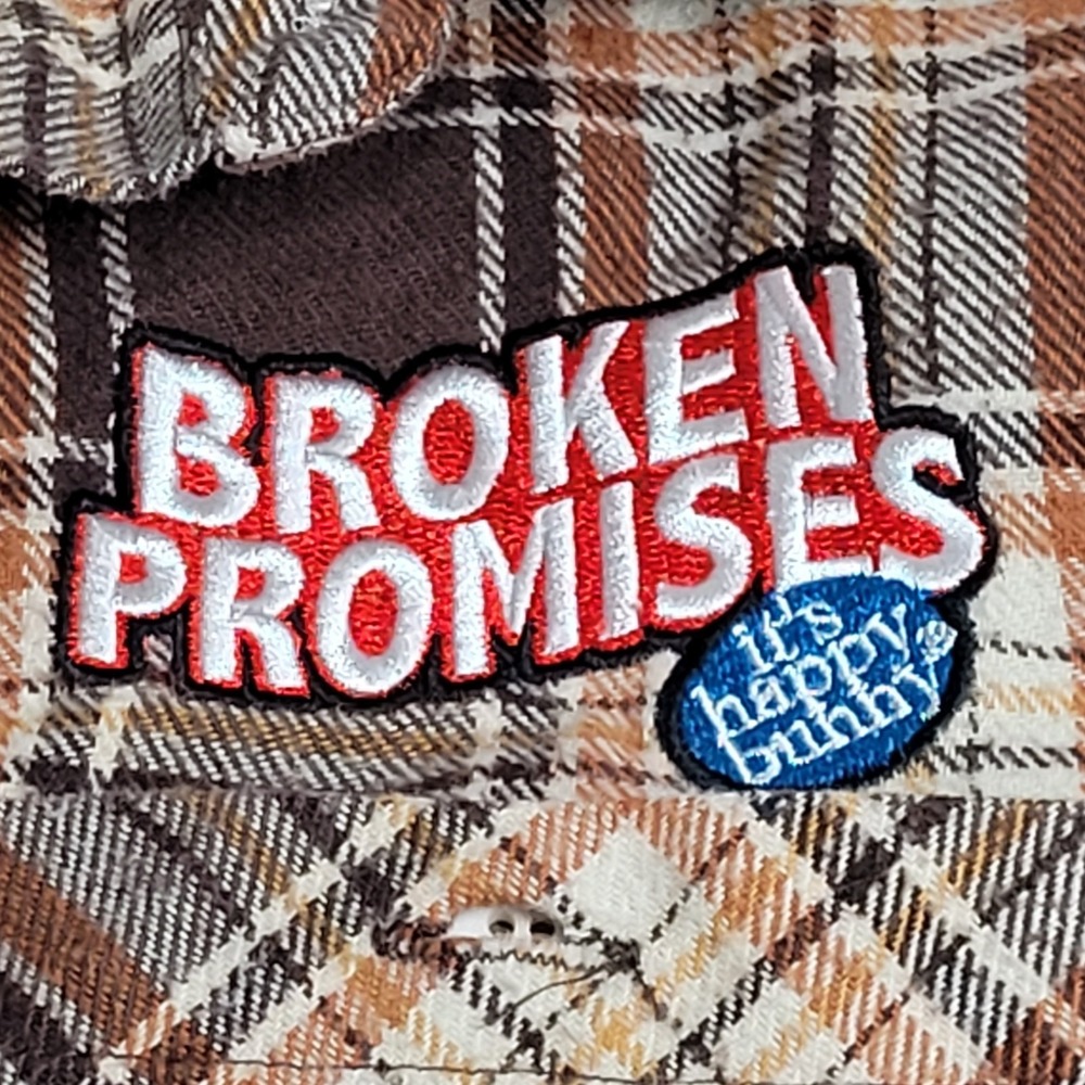 🐰Broken Promises x Happy Bunny Flannel Women's S Brown Plaid Graphic Y2K Art - Picture 5 of 16